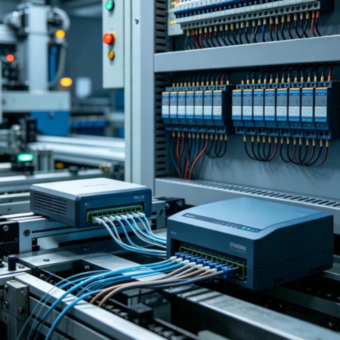 Digital RS485 sensor connected to PLC industrial gateway for state acquisition of digital production line