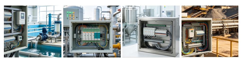Industrial application scenarios of signal isolators, featuring control panels in water treatment, oil and gas, pharmaceutical and food, and mining and heavy industries