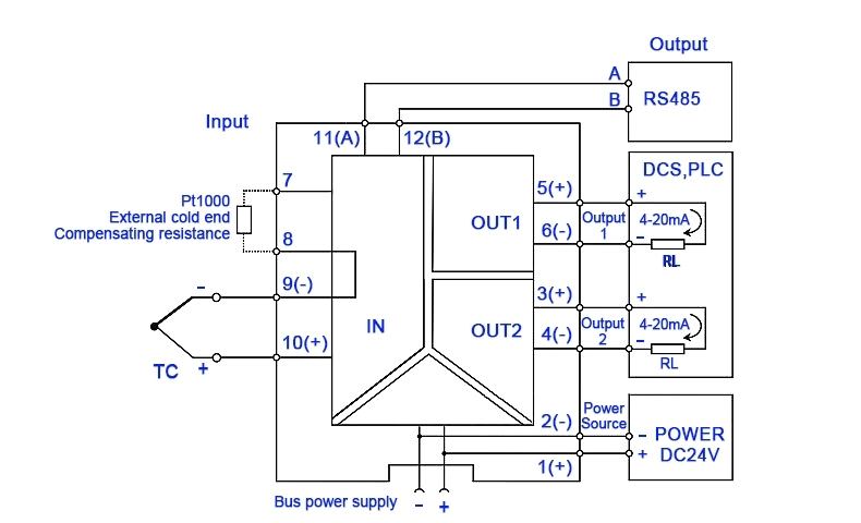  Wiring diagram for 1-channel RTD signal isolator with dual 4-20mA outputs