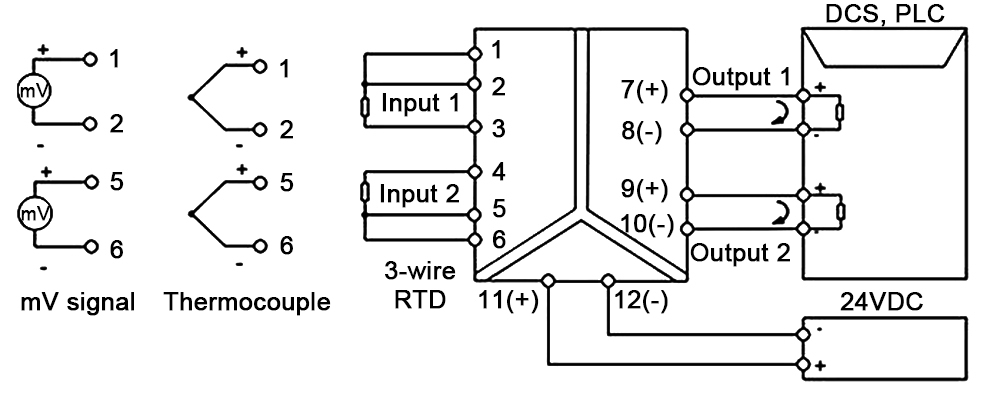 Terminal connection diagram of the programmable 2-in-2-out analog signal isolator.