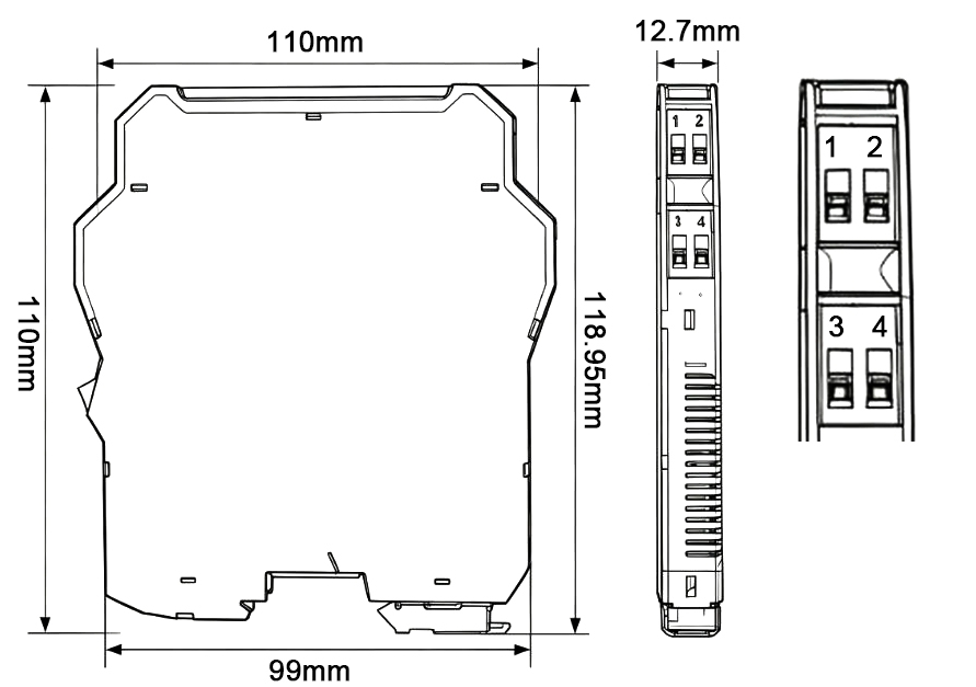 Dimensional outline drawing of the temperature-input signal isolator for thermocouple/RTD applications.