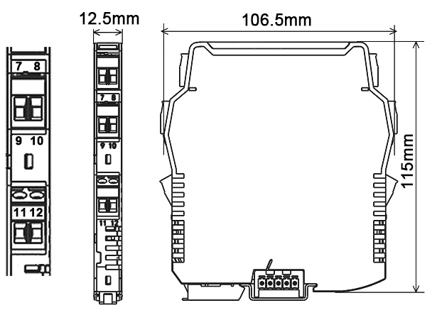 Dimensional drawing of ultra-slim signal isolator (Side & profile views)