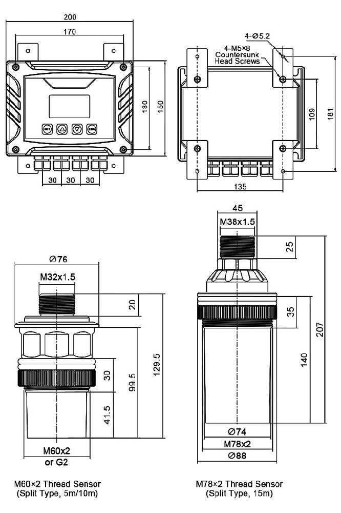 Split type ultrasonic water level sensor dimension