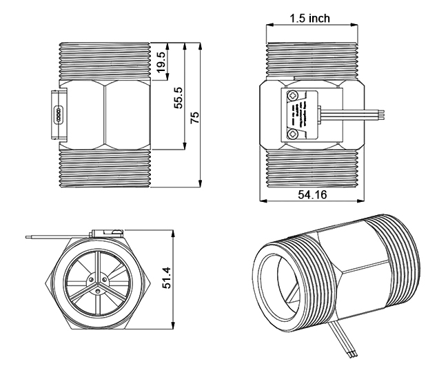 Stainless steel flow sensor DN40 dimension