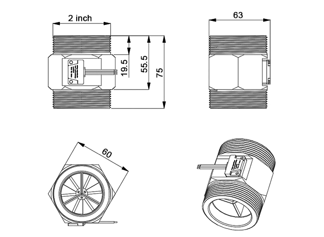 Stainless steel flow sensor DN50 dimension