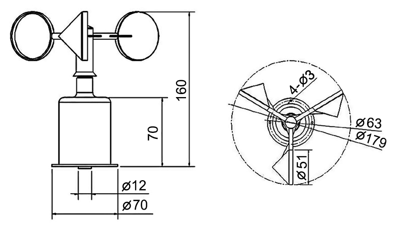 Three cup anemometer dimension diagram