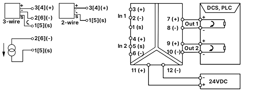 DC signal isolator wiring diagram, showing 2-wire and 3-wire transmitter connection terminals on the left, and the dual-channel main isolator with 24VDC power supply on the right