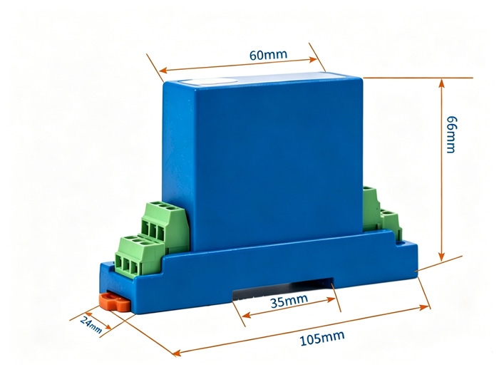 True RMS voltage sensor dimensions and DIN rail mounting size drawing
