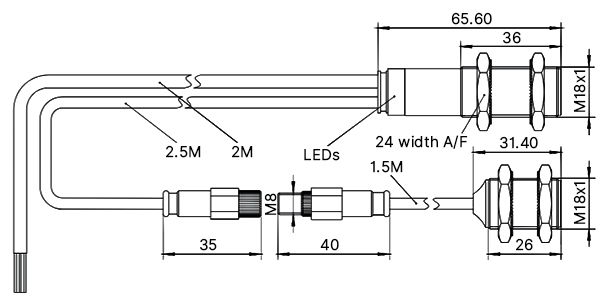 Ultrasonic detection sensor dimensions drawing.