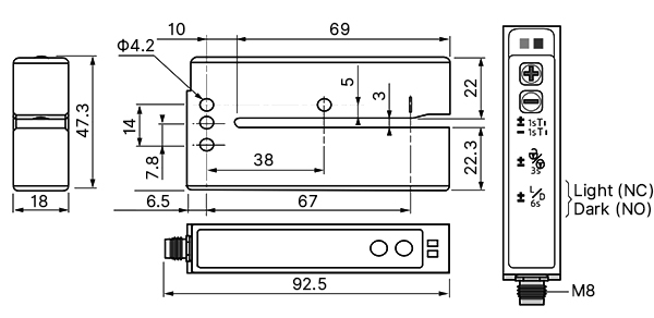 Technical dimensions and schematic diagram of an ultrasonic fork sensor, showing 92.5mm length, 18mm width, M8 connector, and 5mm slot width.