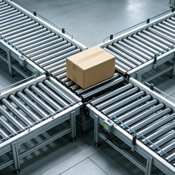 Ultrasonic object detection sensor identifying cartons on an automated package sorting conveyor system.