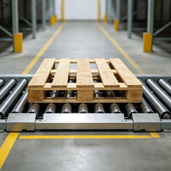 Ultrasonic object detection sensor monitoring wooden pallet movement on a heavy-duty roller conveyor.