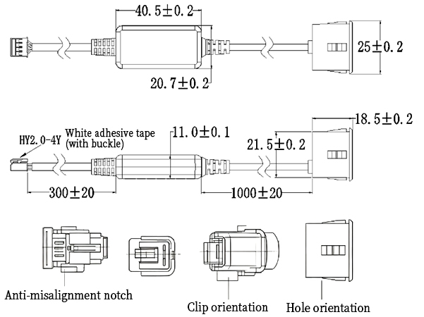 Ultrasonic parking sensor assembly dimension diagram and connector orientation."