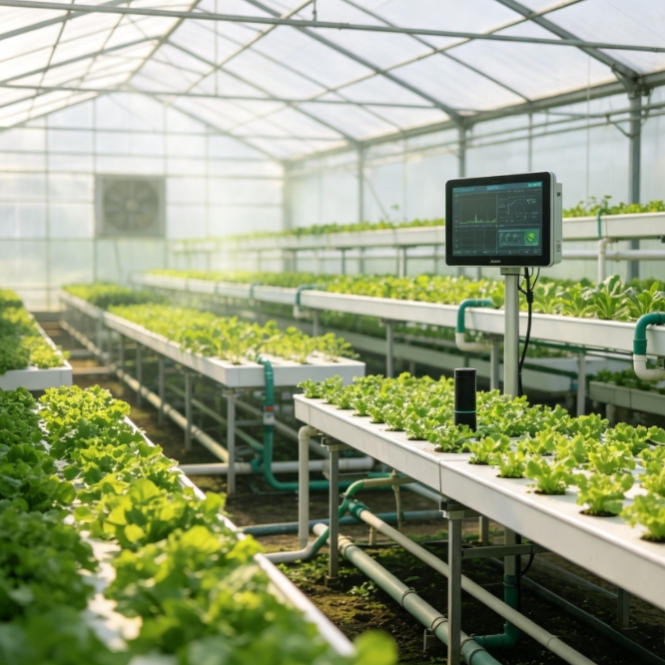 Ultrasonic sensor suspended in a greenhouse canopy for automated misting and humidity regulation