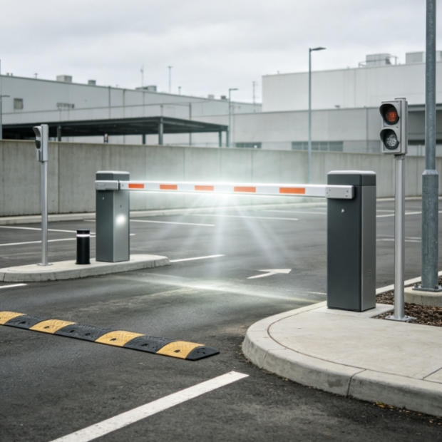 Ultrasonic occupancy sensor installed on the ceiling of a smart parking garage detecting free parking spaces
