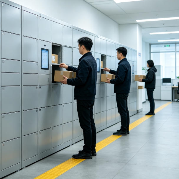 Ultrasonic presence sensor monitoring locker access and queue management in a commercial smart facility.

