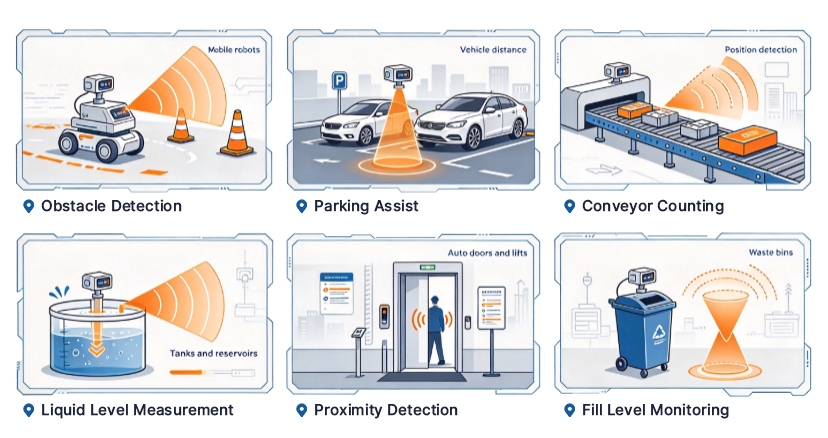 Collage of six ultrasonic sensor applications.