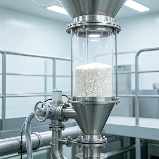 Ultrasonic sensor module for continuous non-contact level monitoring of granular materials in an industrial hopper.

