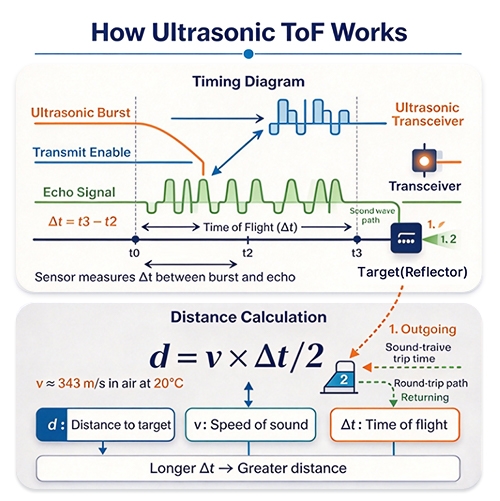 Ultrasonic sensor ToF timing diagram showing ultrasonic burst, echo signal, and the distance calculation formula using the speed of sound at 343 m/s.