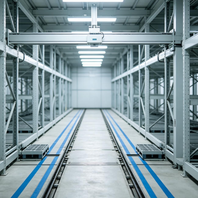 Industrial ultrasonic distance sensor installed on warehouse ceiling monitoring pallet racking inventory levels and optimizing storage space.