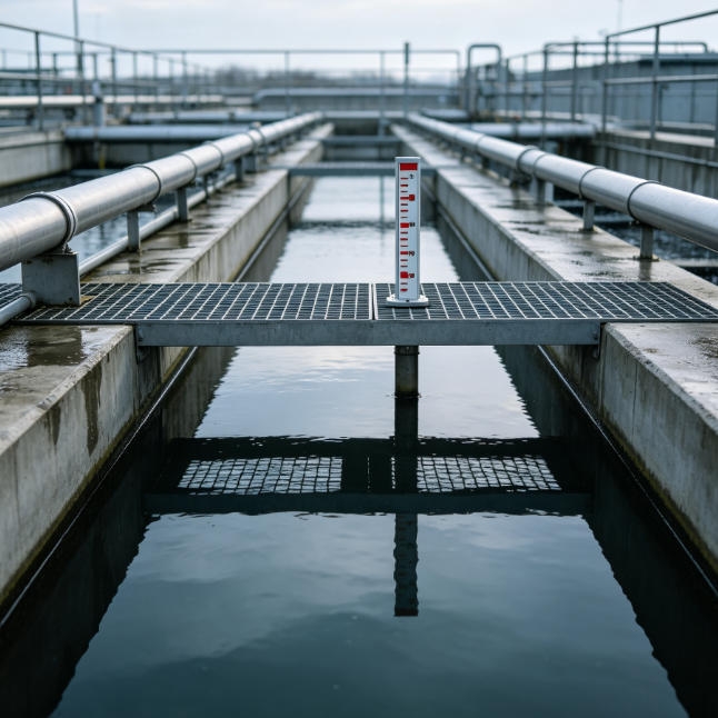 Weatherproof ultrasonic transducer for open channel flow monitoring and lift station pump control in municipal wastewater facilities.