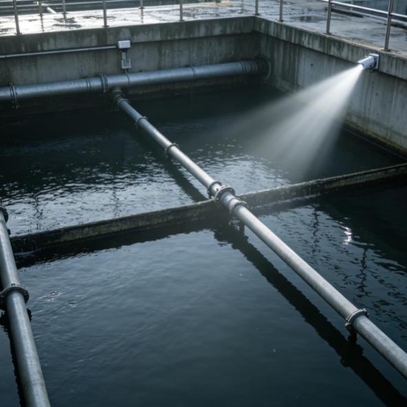 Ultrasonic continuous level transmitter in a wastewater equalization basin to regulate influent flow and prevent pump dry-running
