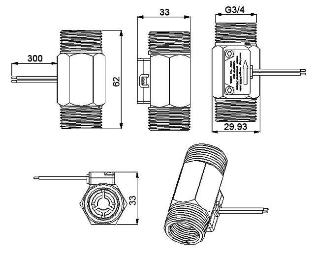 Water flow switch G3/4'' dimension