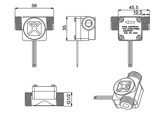 Water heater flow sensor dimension