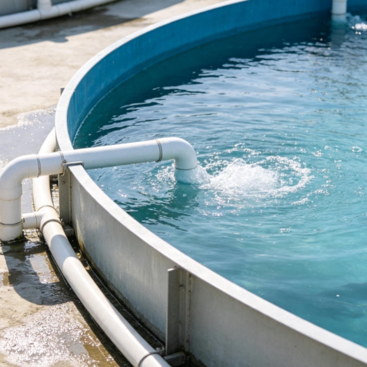 Ultrasonic level transmitter installed above an aquaculture pond to monitor water height and coordinate automatic feeding and aeration systems