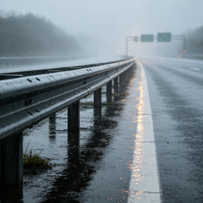 Ultrasonic water depth sensor deployed along a rainy highway to detect road surface ponding and trigger real-time flood warnings for drivers