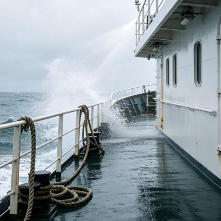 Ultrasonic obstacle detection sensor mounted on a ship deck for collision avoidance during cargo handling and mooring operations