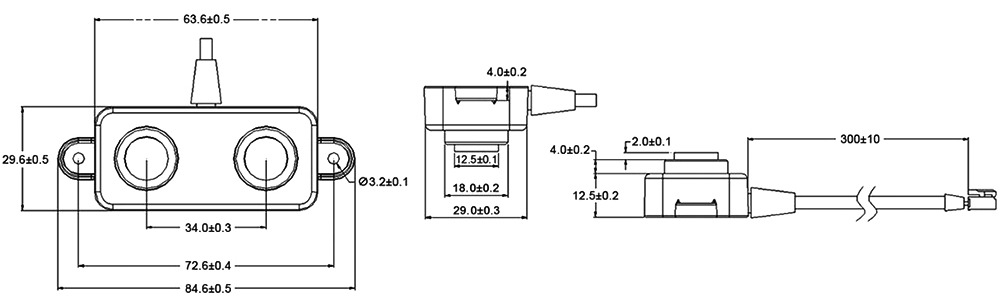 Dimensional technical drawing of a waterproof dual-head ultrasonic sensor with a 300mm cable.